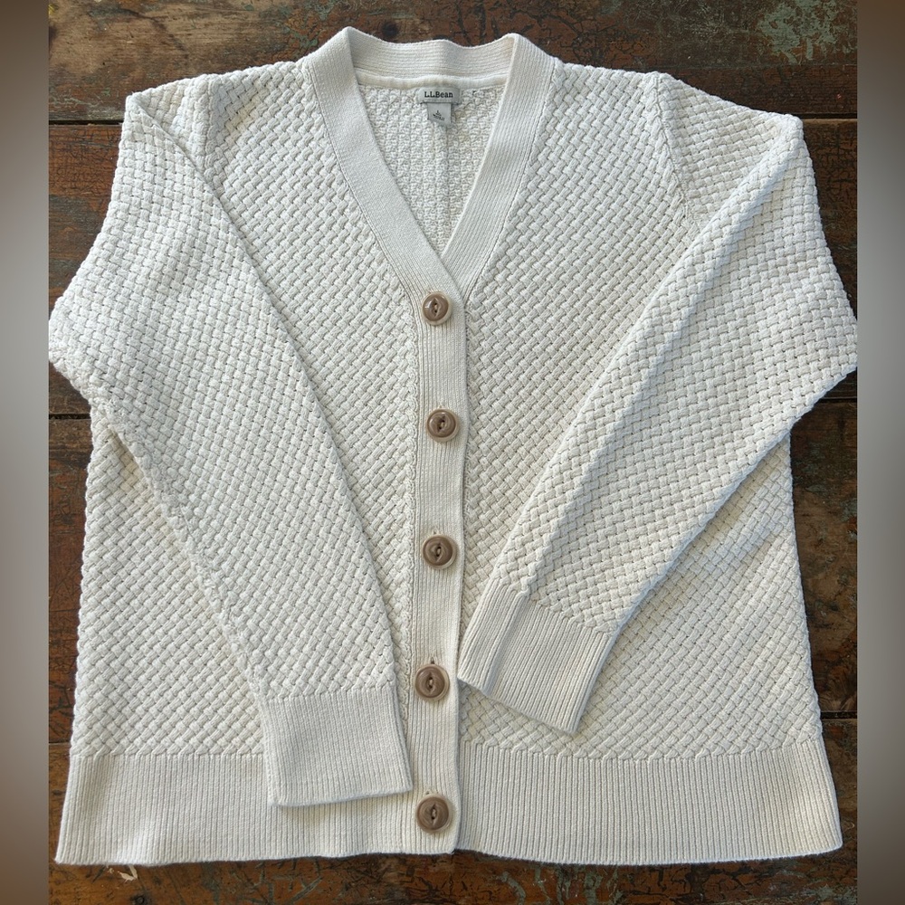 Women’s ecru natural cream cotton cardigan LL Bean Large